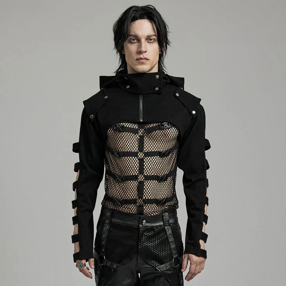 Zoomed-in view of the decorative straps and metal buckles lining the center front.


