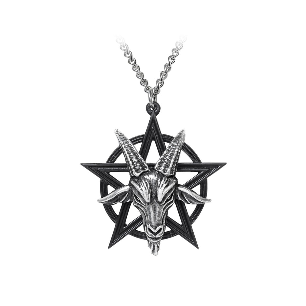 A powerful pendant featuring Eliphas Levi’s portrait of the dualist, goat-headed Baphomet, framed by an occultist’s pentagram. Crafted in fine English pewter, this necklace symbolizes balance and duality.