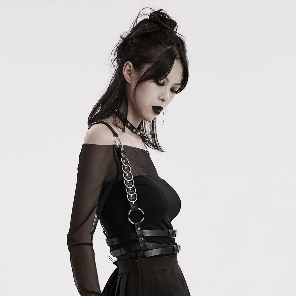 Side view of gothic bodice harness with adjustable shoulder straps and waist loops, featuring multiple metal rings for a punk-inspired aesthetic.