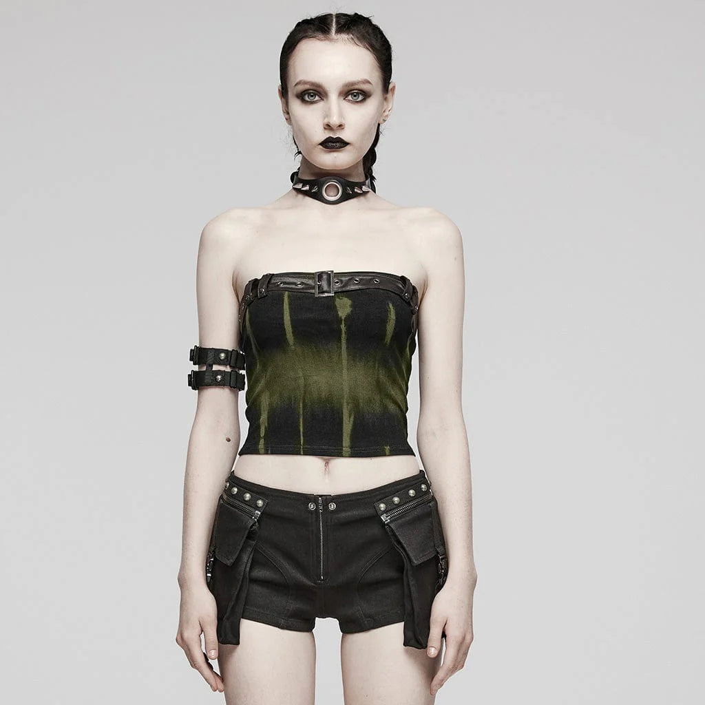 Front view of Boomslang Encounter Gothic Women’s Top showcasing its slim-fitted bustier style with an olive green grungy pattern and a black buckle belt along the neckline.