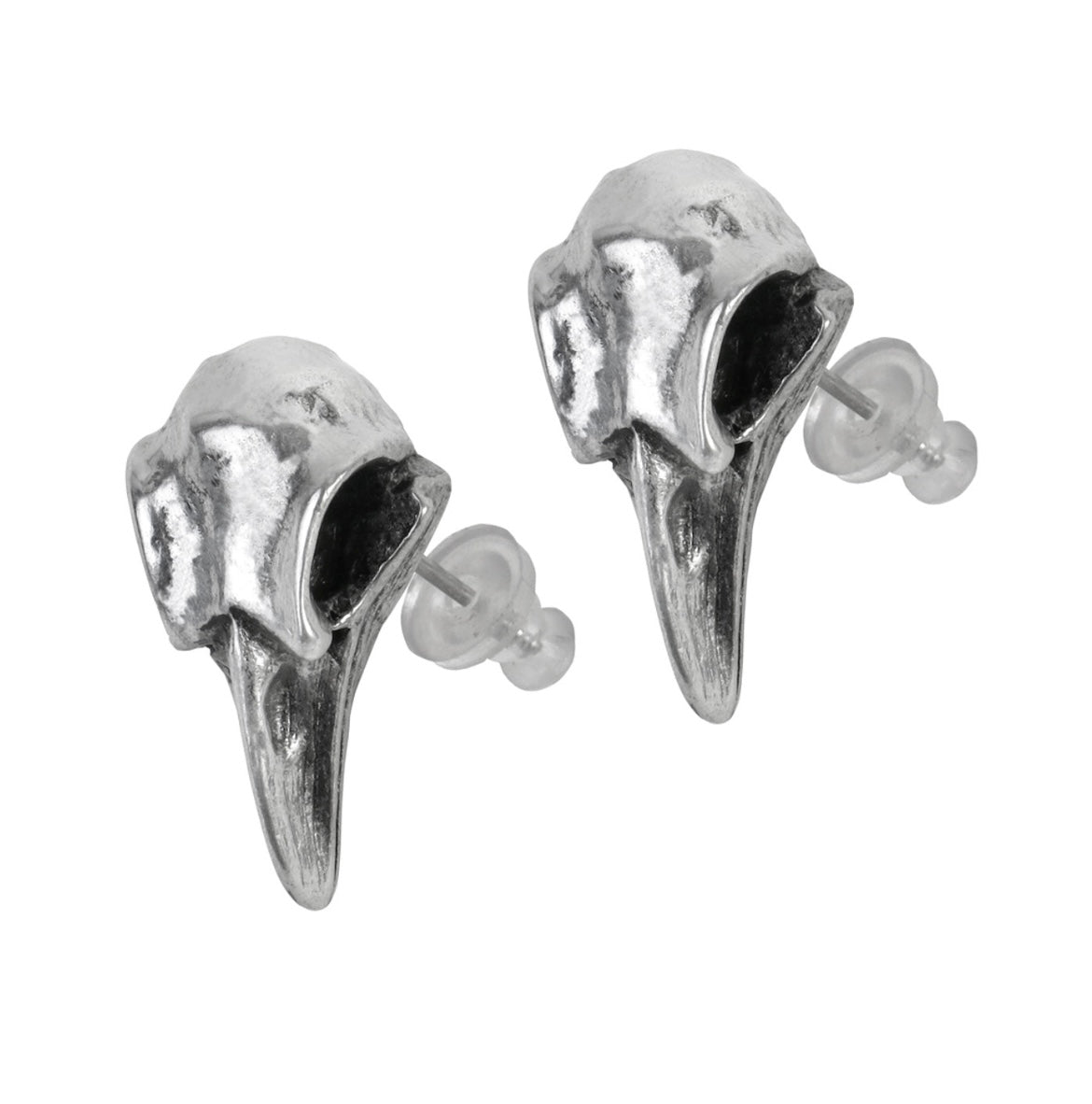 Close-up of gothic raven skull stud earrings crafted in fine pewter with realistic detail.