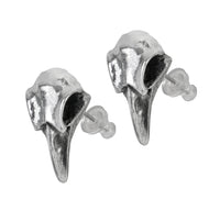 Close-up of gothic raven skull stud earrings crafted in fine pewter with realistic detail.