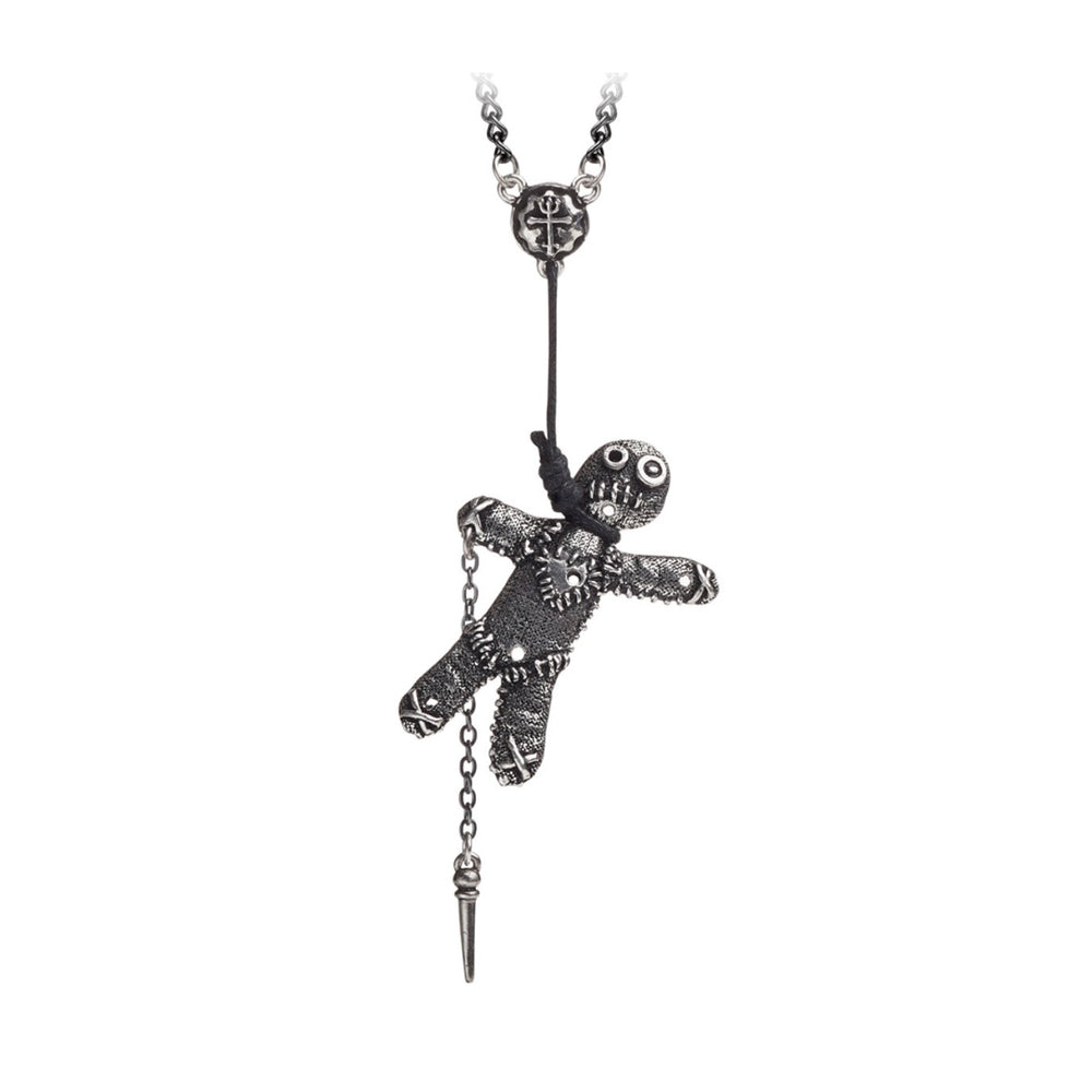 Close-up of the voodoo doll pendant featuring detailed pewter craftsmanship and a symbolic black cord.