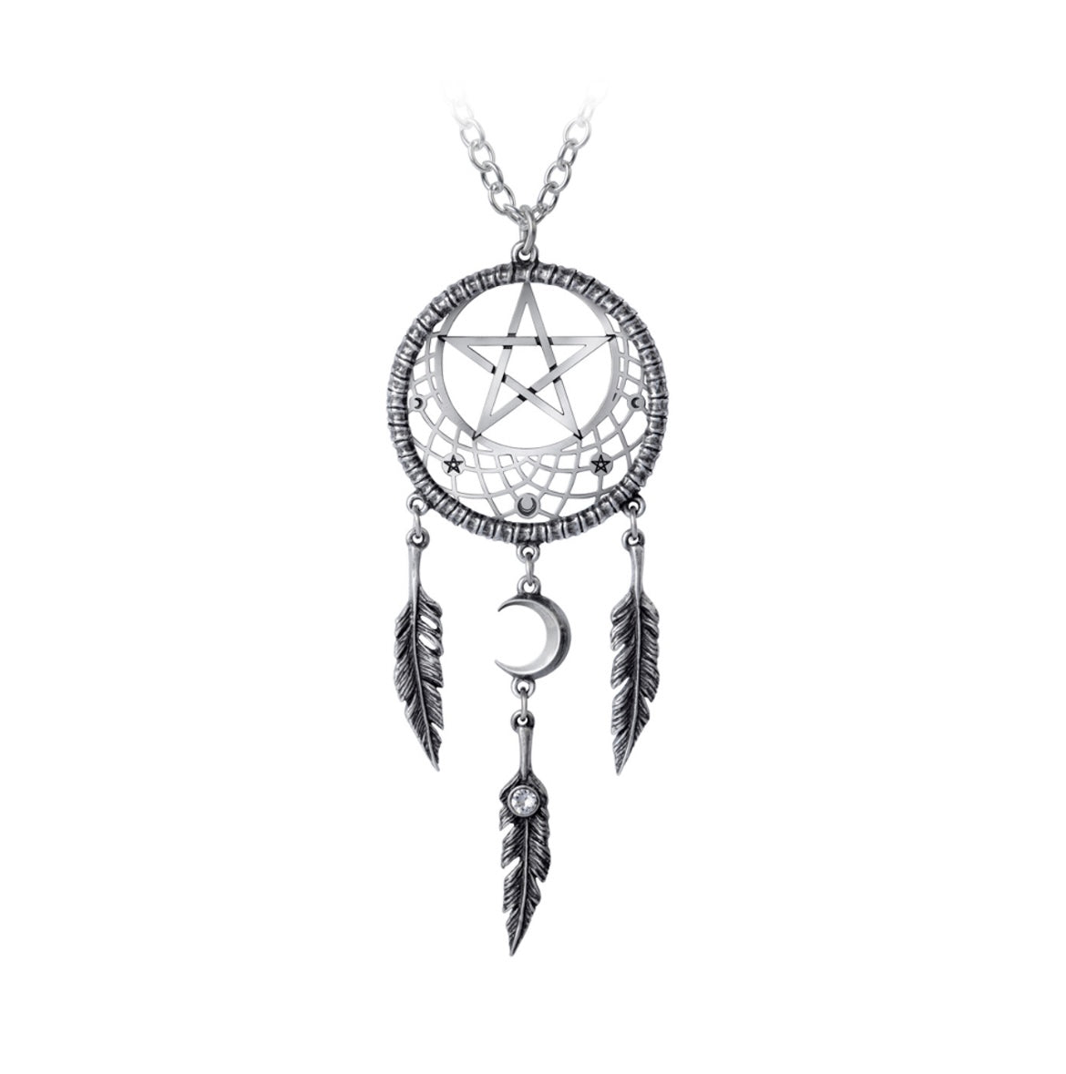 Detailed shot of "The Pagan Dream Catcher" pendant, showcasing a pentagram cobweb design with pewter feathers and crescent moon, hanging from a long chain