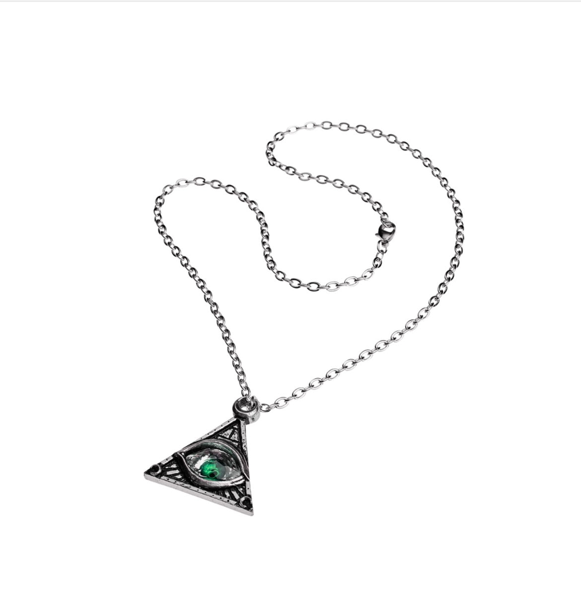 A detailed view of the Eye of Providence pendant, highlighting the pyramid shape and the mesmerizing green-pupiled crystal eye, invoking mysticism and divine watchfulness.