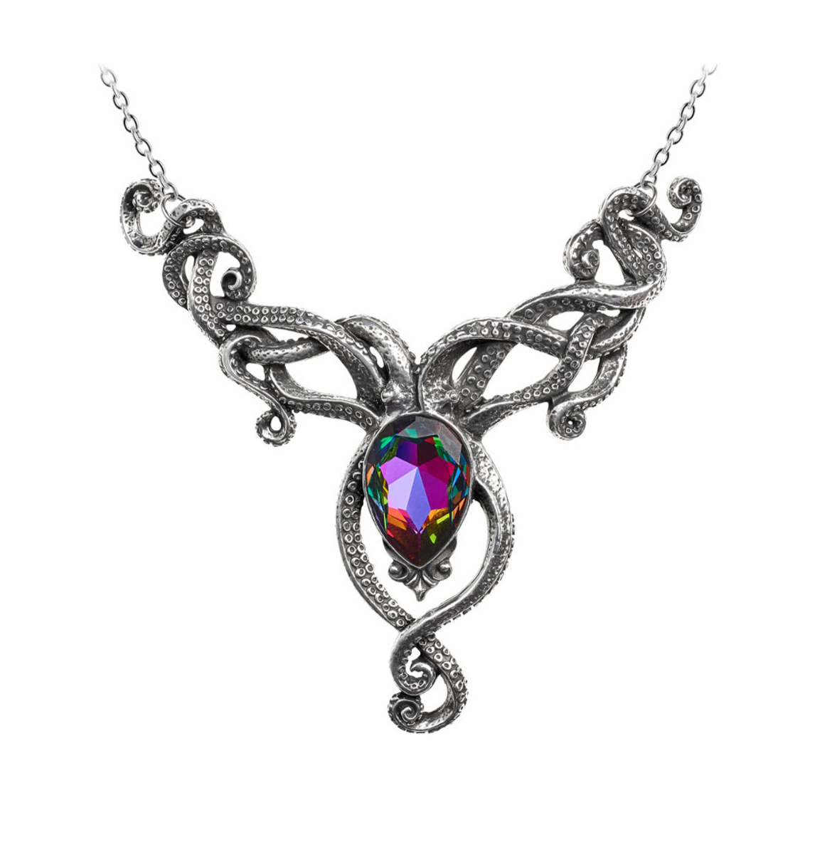 The Kraken-Necklace featuring an intricately cast pewter squid holding a volcano-effect Austrian crystal, hung on an adjustable trace chain.