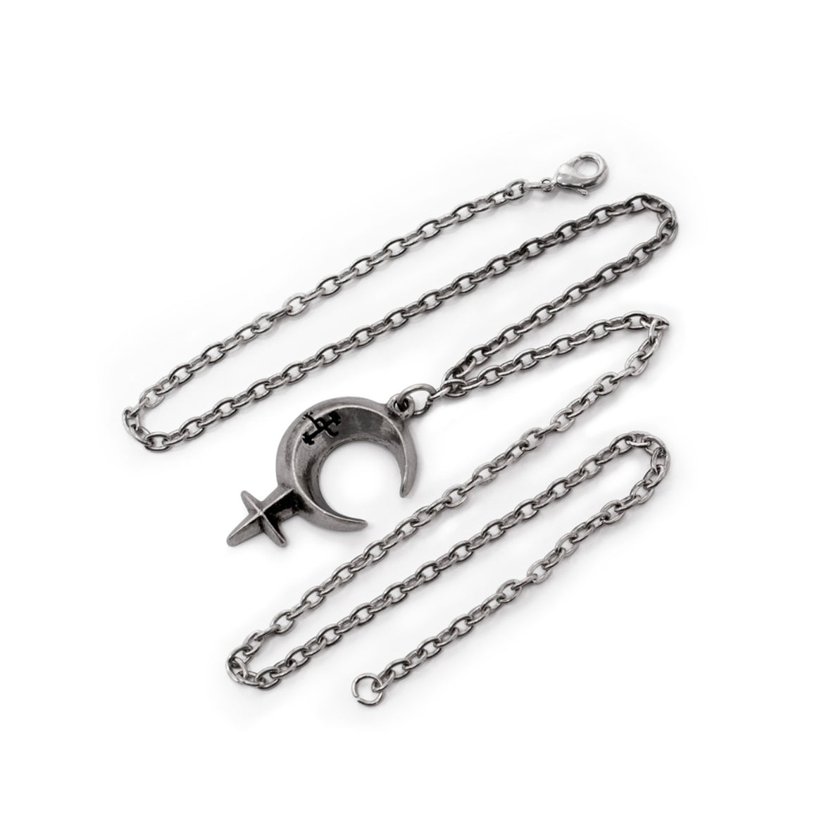 A powerful symbol of Lilith, this pendant features the sigil and crescent moon in fine antiqued pewter. The 1.57" tall pendant hangs from a 20" nickel-free chain, perfect for occult and feminine power jewelry enthusiasts.