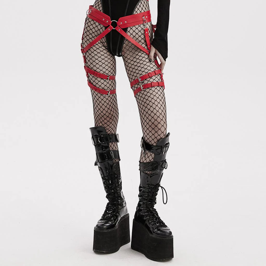 Multi-strap faux leather design wraps securely around the upper thighs with silver hardware and adjustable buckles.