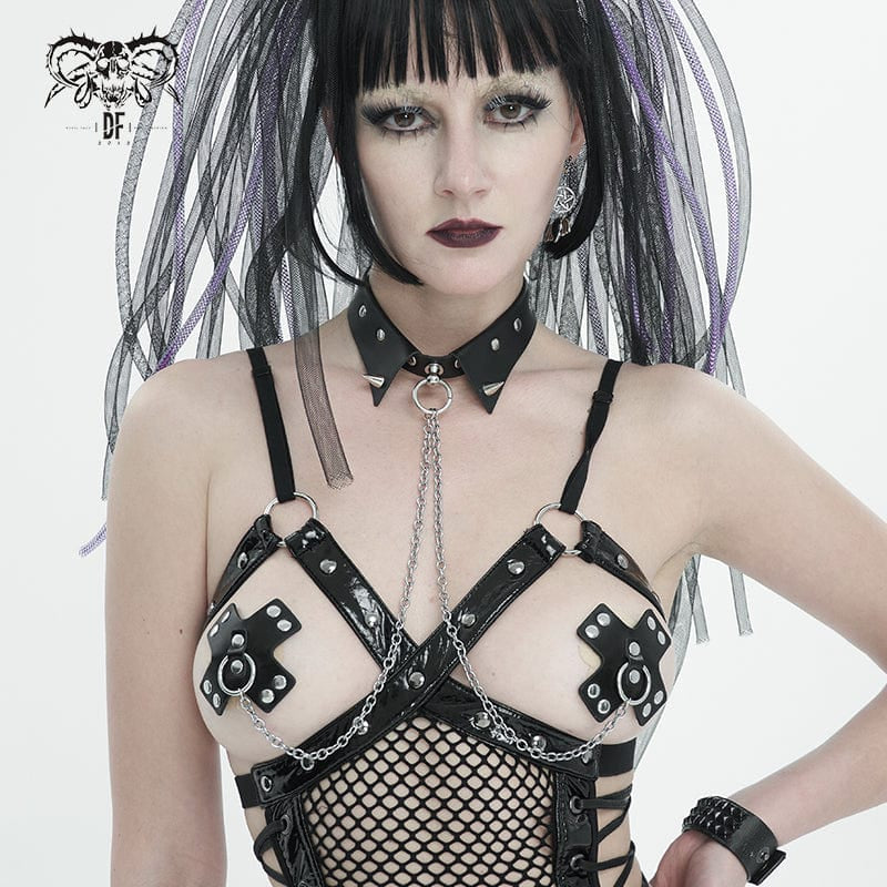Close-up view of the Wicked One Gothic Women's Black Chain Choker Set, featuring faux leather breast covers with silver studded details, an adjustable buckle at the back, and a chain connecting the choker to the breast covers for a bold gothic look.