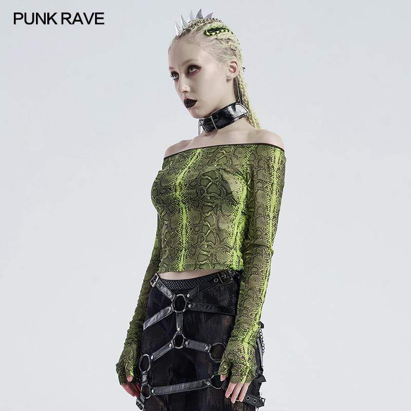 Neon Serpent Gothic Women's Top, Off-Shoulder Long Sleeve Cropped Top, Side View