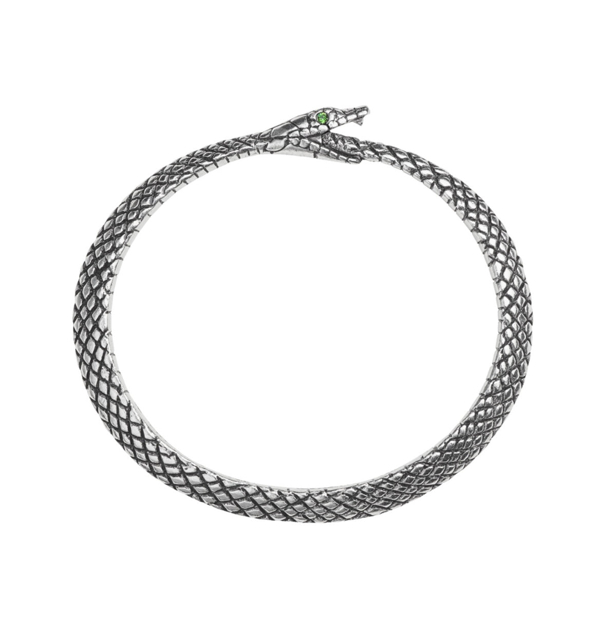 Solid pewter serpent bangle with green Austrian crystals in the eyes, available in small and large sizes.