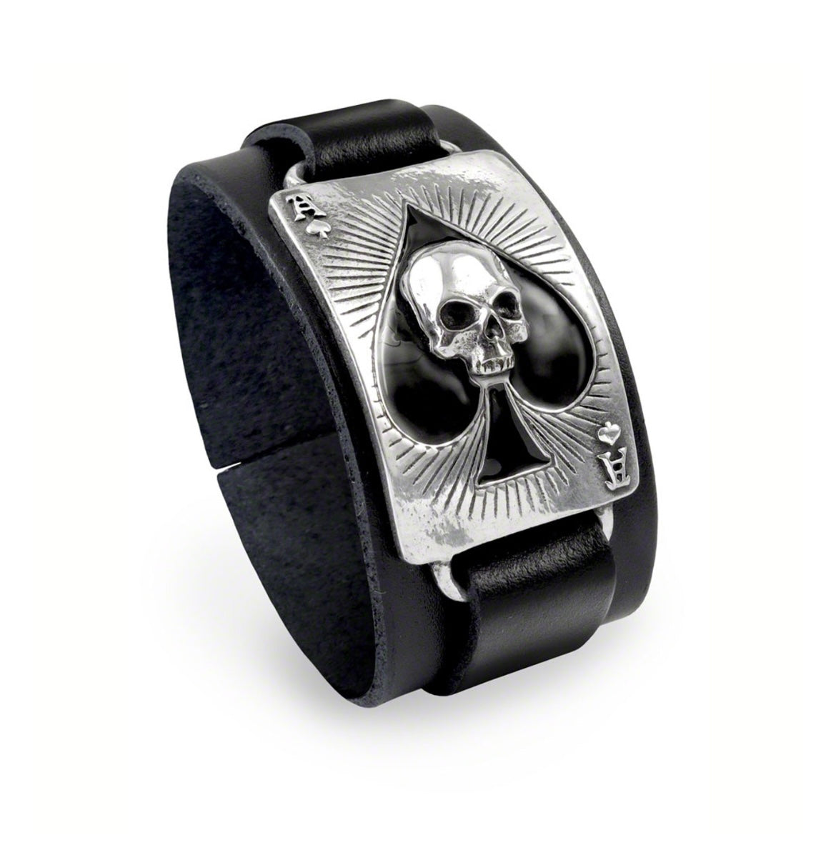 Italian leather bracelet with pewter and black enameled 'Ace of Spades' playing card detail, perfect for gothic and alternative fashion.