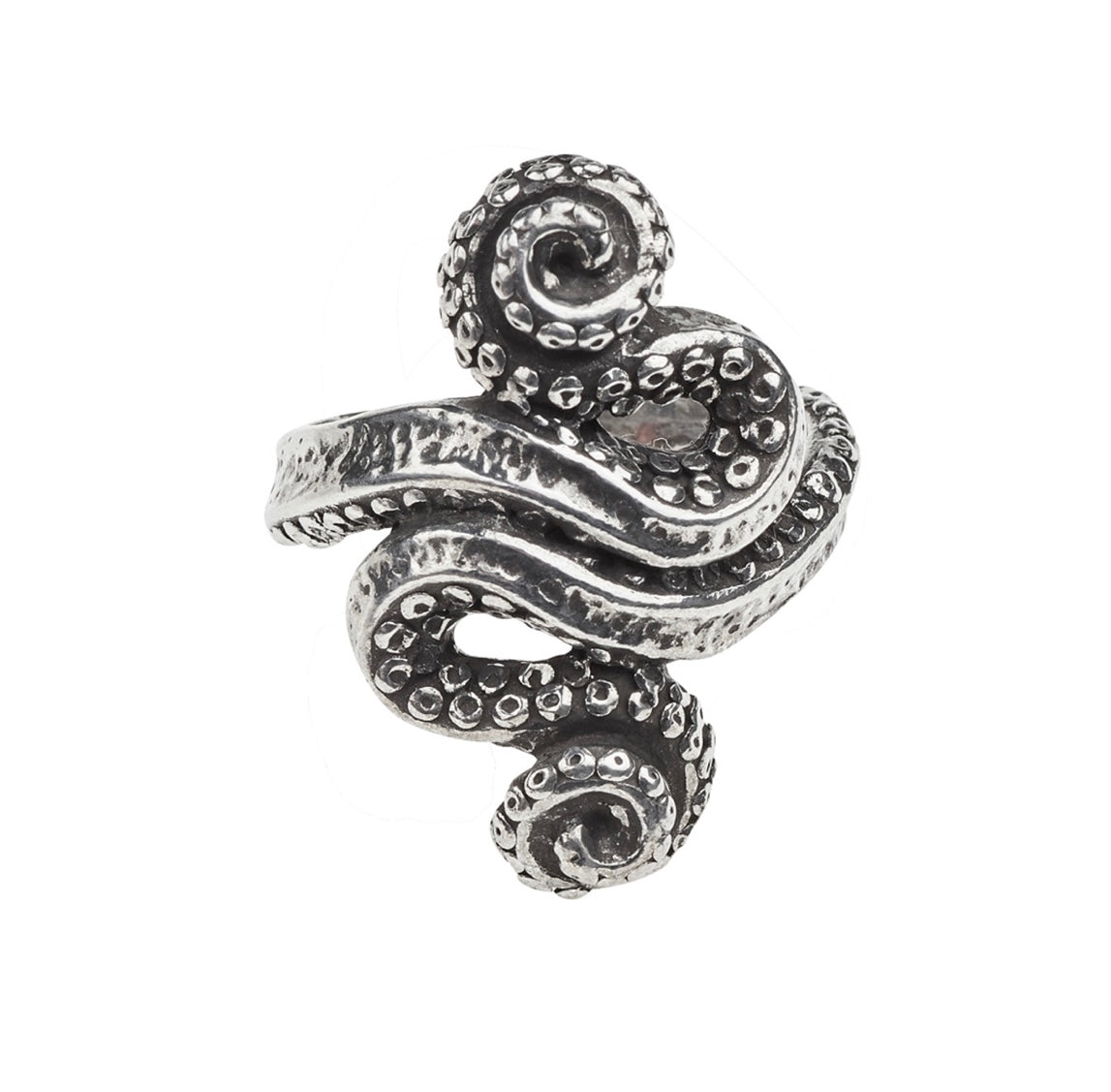 The Kraken-Ring featuring coiled tentacles in polished, antiqued pewter, styled after a giant squid."

