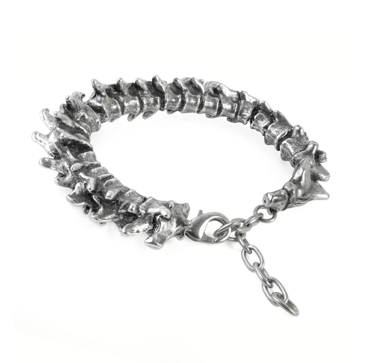 Polished pewter hinged bracelet shaped like a human vertebrae with safety chain attached