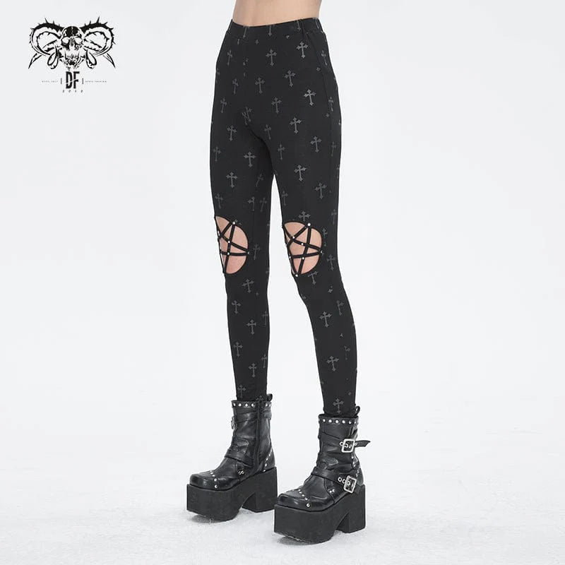 Alternate side view of the Mark of the Beast Gothic Women's Leggings, emphasizing the high-rise fit, beaded design, and pentagram cutout for a bold gothic look.