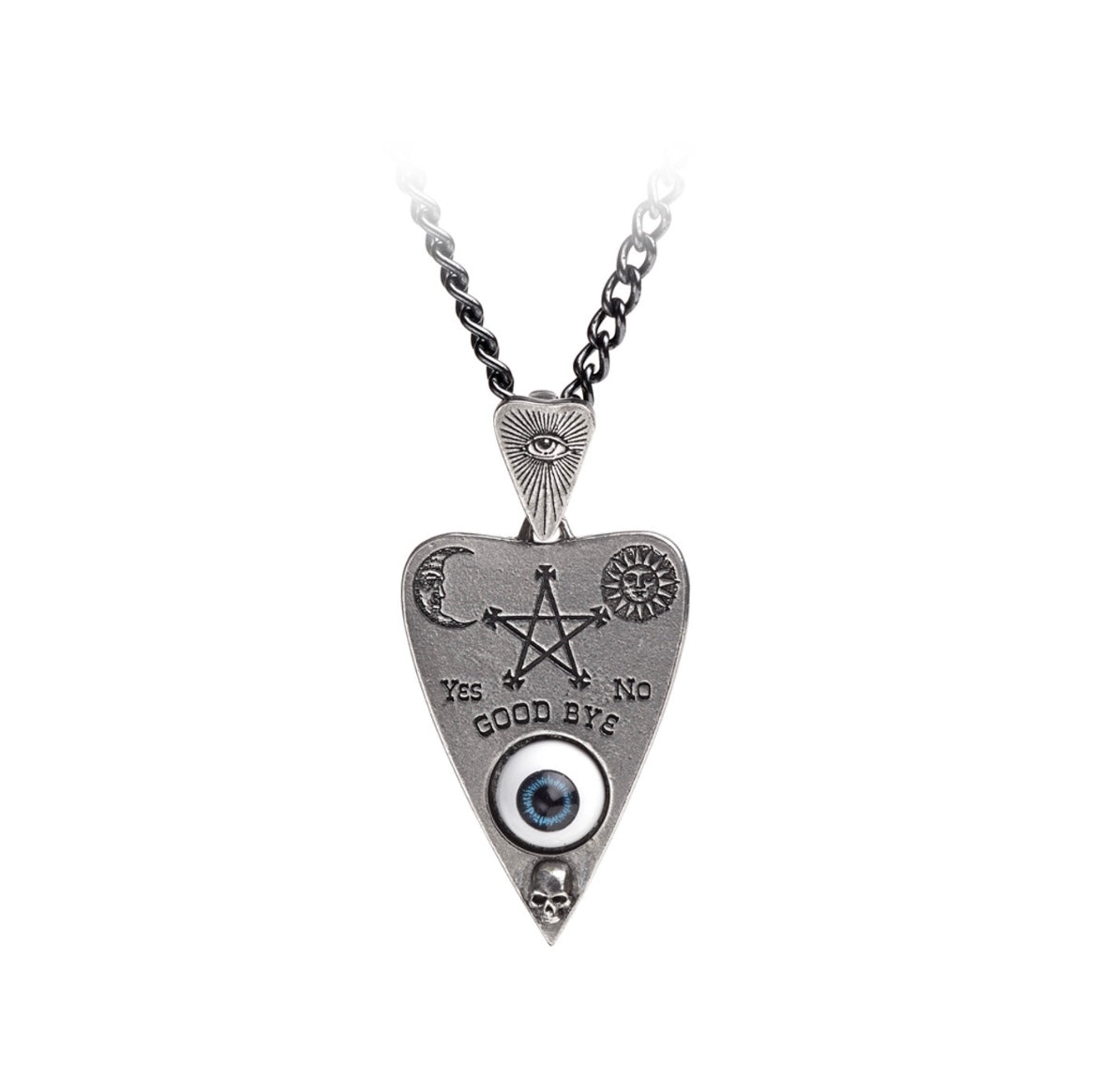  A gothic-inspired Planchette pendant crafted from fine English pewter with a realistic taxidermy eye. This pendant, measuring 64mm x 32mm x 10mm, channels the eerie energy of 19th-century séances used for communicating with spirits via a talking board. It hangs from a 21-inch black chain, adding a mystical touch to any occult collection.
