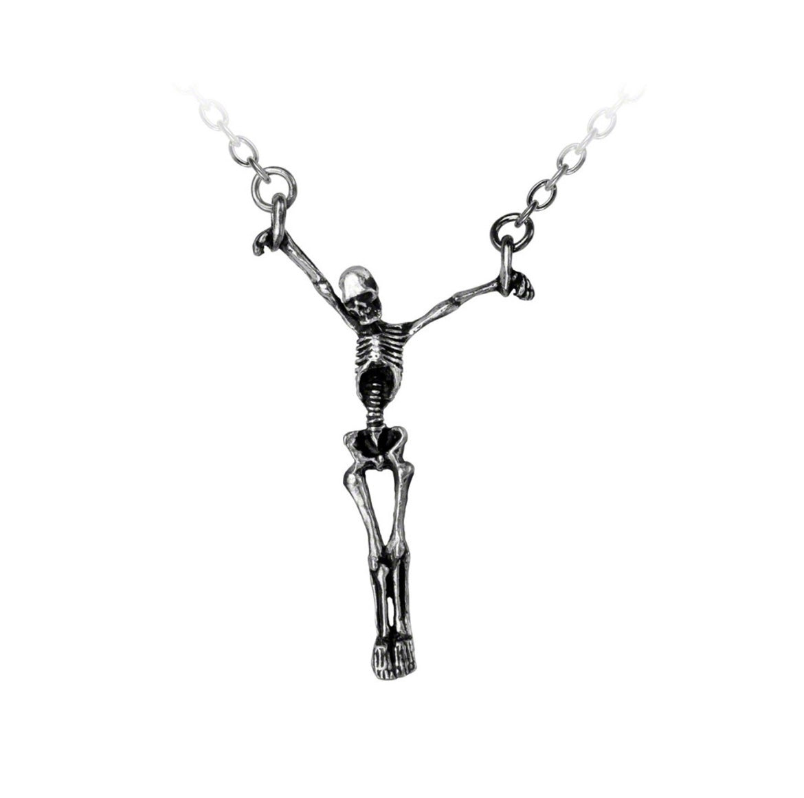 Lost Souls pewter earrings featuring detailed miniature skeletons hanging from silver-plated ear wires.