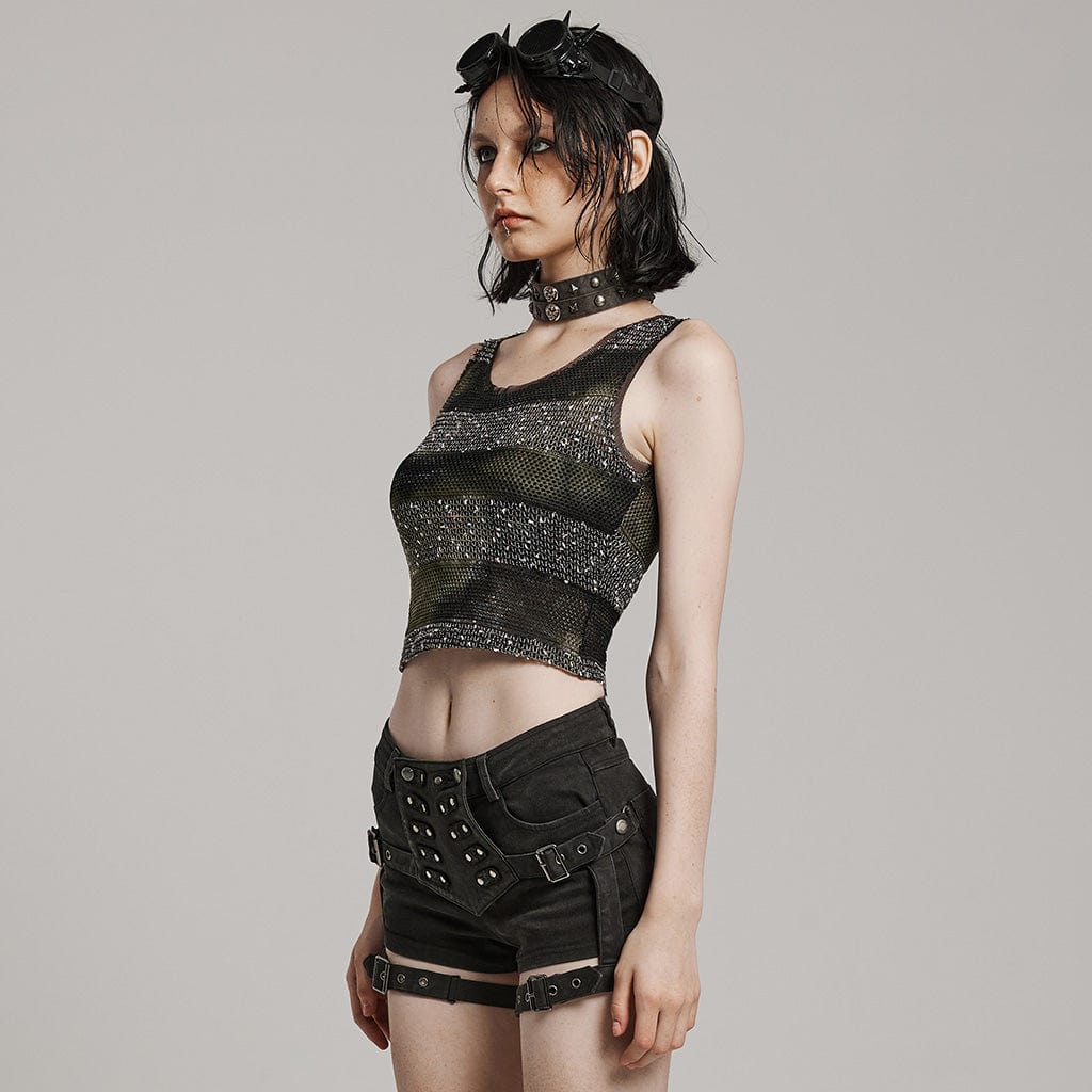 Side view of Mysticism gothic women's crop top featuring a fitted design and black/gray striped mesh material.