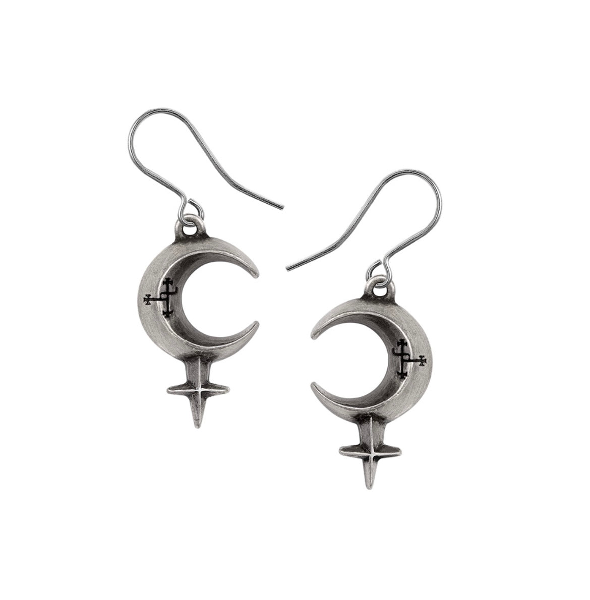 Lilith-inspired dangle earrings crafted in fine antiqued pewter, showcasing the engraved sigil of Lilith and a crescent moon. A subtle statement piece for lovers of dark feminine symbolism.

