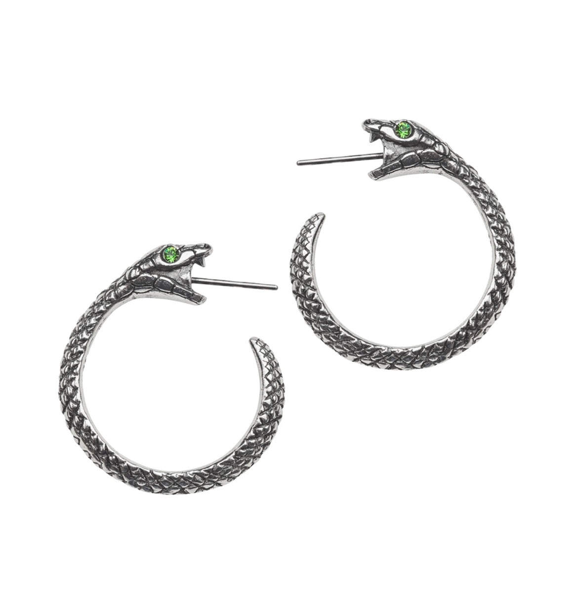 Pair of 1-inch pewter serpent earrings with green Austrian crystal eyes, designed to look as though they are swallowing their own tails.