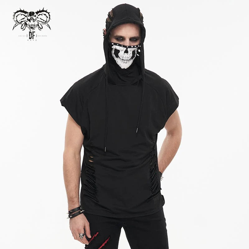 A sleeveless black gothic hoodie with a skull print face design and distressed shredded jersey fabric.