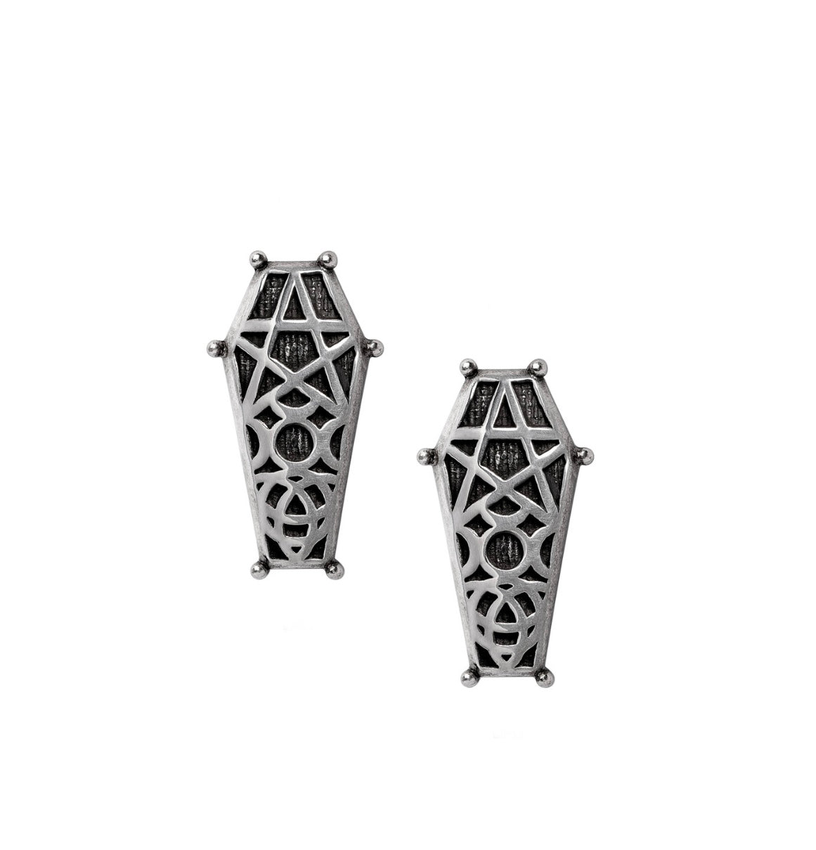 The Hex-Earrings featuring etched triple moon and pentagram designs, crafted from fine English pewter in coffin-inspired silhouettes.