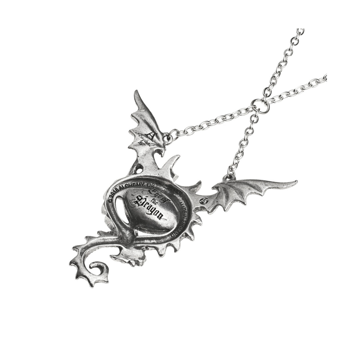 A detailed view of the Eye of the Dragon necklace, showcasing the intricate pewter dragon design and the striking emerald-colored crystal eye that captivates with its mystical allure.