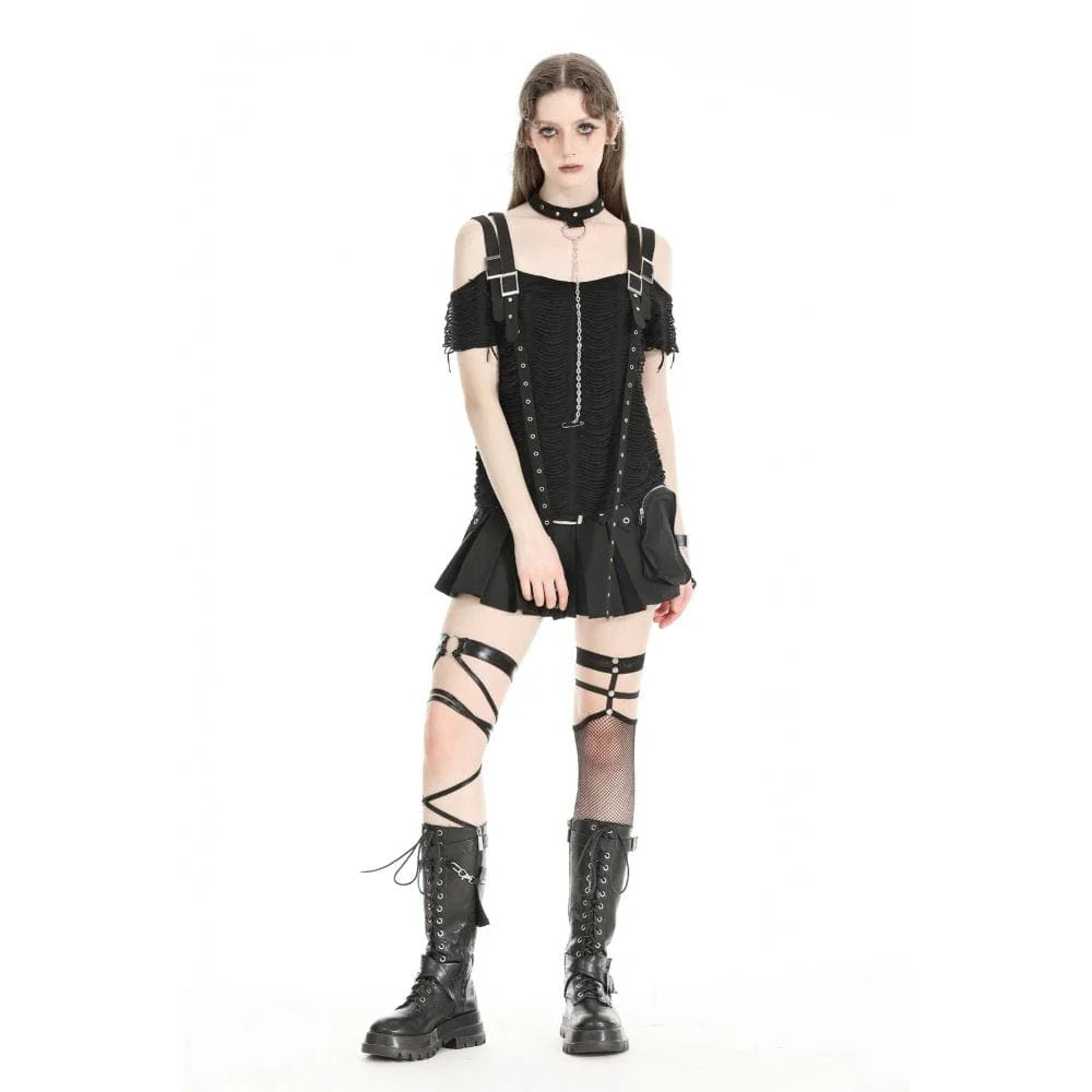 Full front view of the Charmed gothic women's black top, showcasing the cold shoulder style, double buckle shoulder straps, and eyelet detailing on the straps.