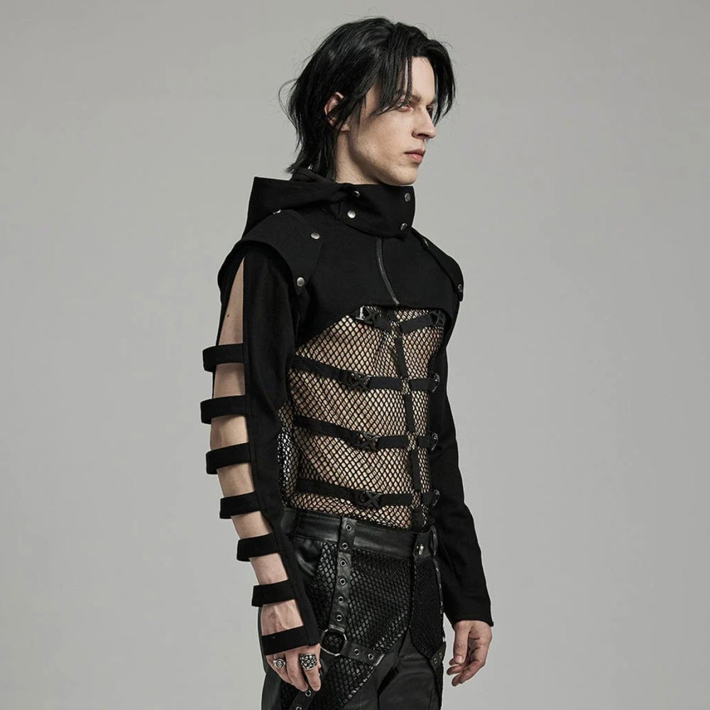 Model wearing the Ruin Me top with high neckline, full sleeves, and decorative front straps with buckles.