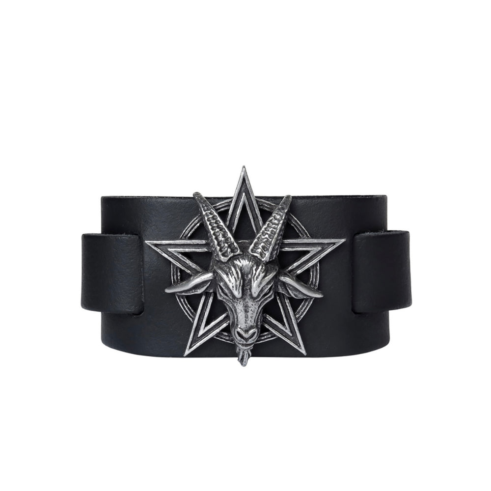 The Sacred Baphomet-Bracelet features Eliphas Levi's dualist Baphomet, framed within a pentagram. This leather and pewter bracelet symbolizes balance and mystical power, perfect for embracing occult symbolism.


