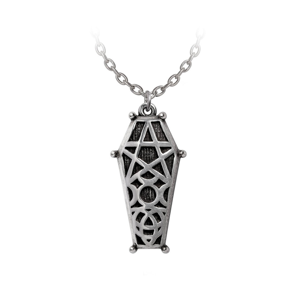 The Hex-Pendant featuring etched triple moon and pentagram symbols on a coffin-shaped pewter design, hung from a 20-inch chain.
