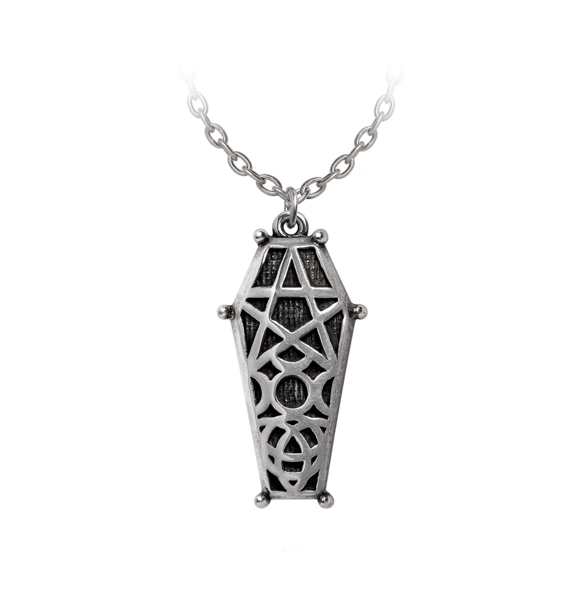The Hex-Pendant featuring etched triple moon and pentagram symbols on a coffin-shaped pewter design, hung from a 20-inch chain.