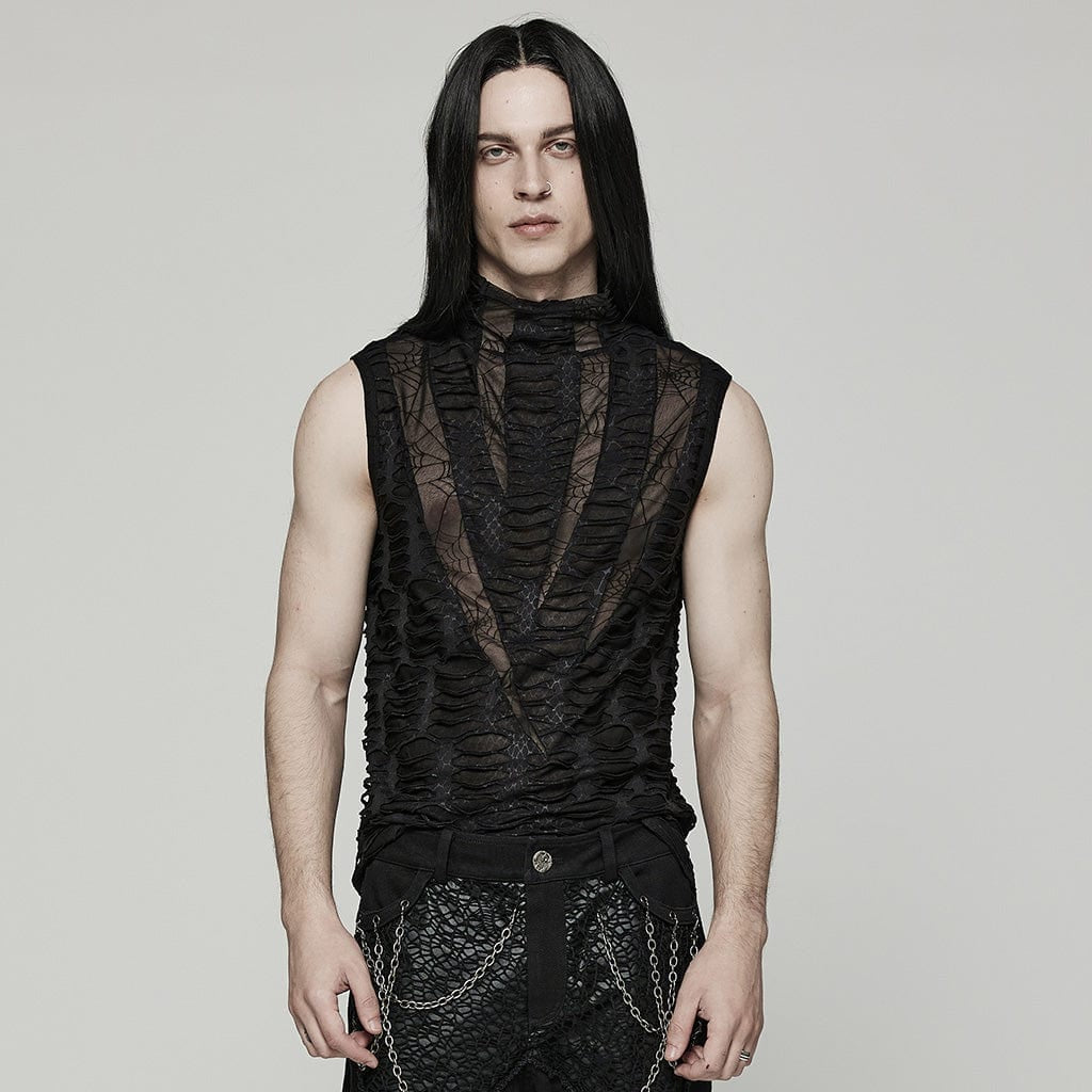 Front view of the Pantherophis Gothic Men's Top, featuring an intricate mesh spider design with a distressed shredded snakeskin print, offering a bold, semi-sheer, and slim-fitted look.
