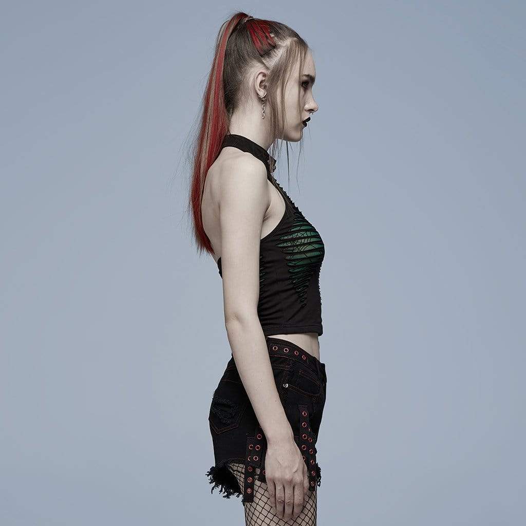 Side view of Serpents Night Gothic Women's Top showing the cropped fit and green spider web mesh.