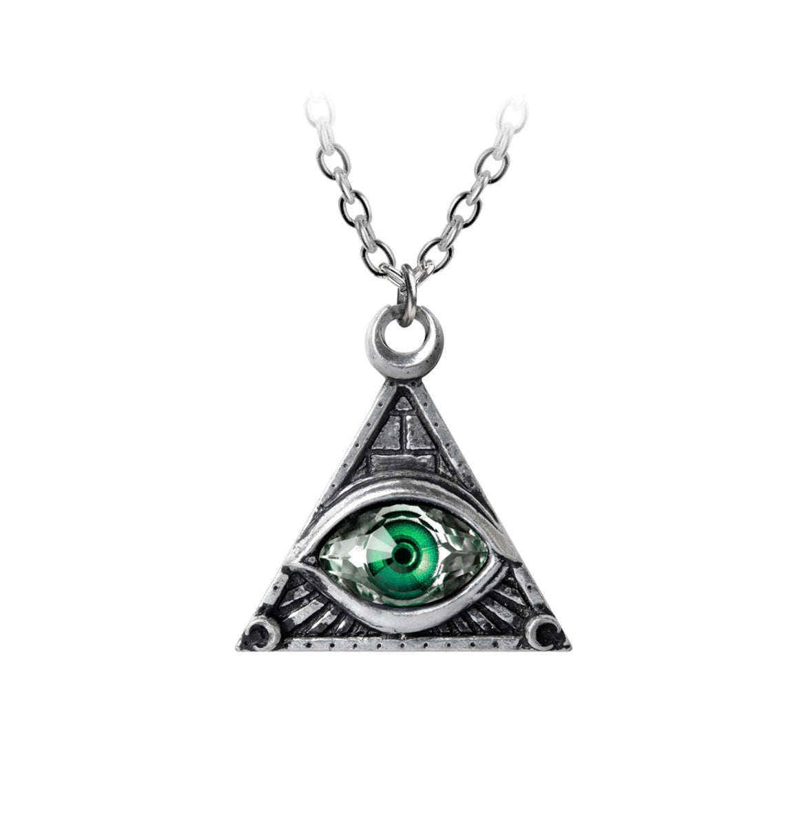 A pewter pendant in the shape of a triangle pyramid, featuring a bright green Austrian crystal eye at its center. Suspended on a 21" trace chain, this pendant symbolizes the Eye of Providence.