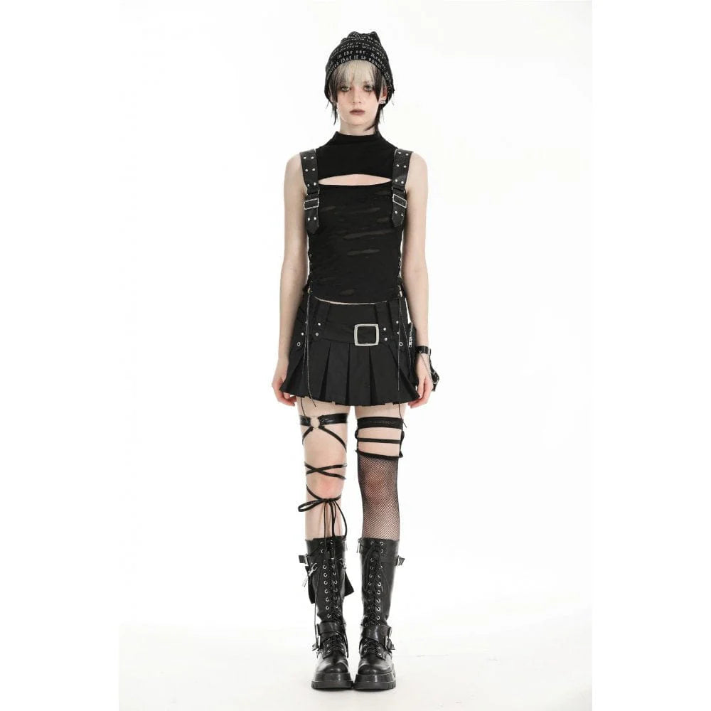 Gothic women's sleeveless top with a stand collar, distressed knit fabric, and bold buckle straps on the shoulders. Hollow-out chest detail adds an edgy touch.