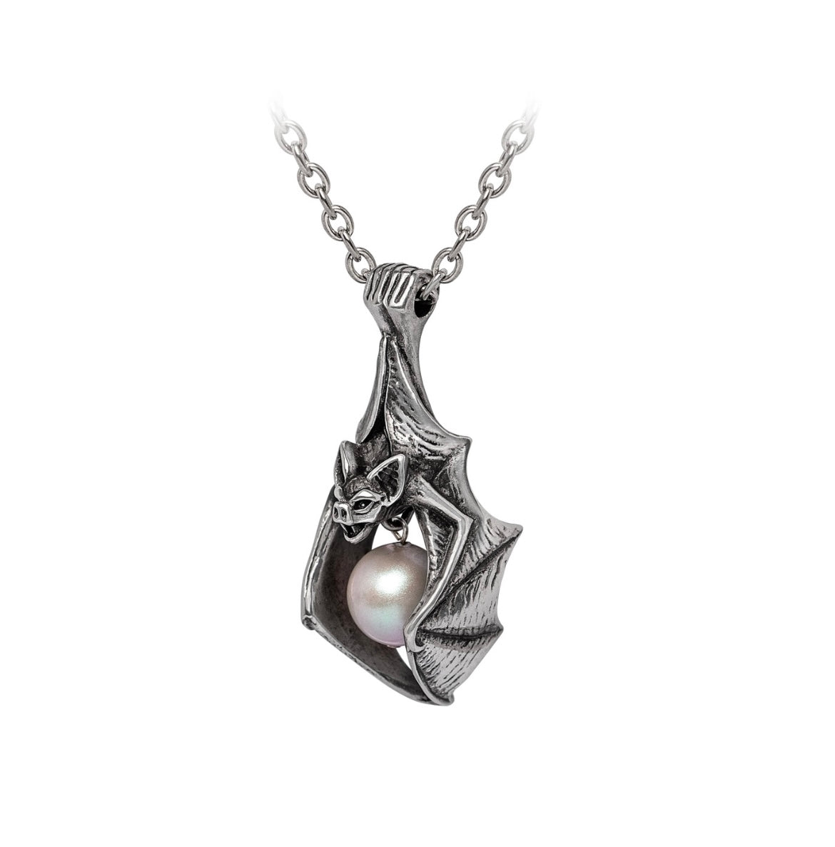 A gothic bat pendant handcrafted from fine English pewter, featuring a bat holding a glowing pearl-like crystal moon between its wings. This dramatic piece evokes a nocturnal, vampire-inspired aesthetic and measures 2.13" in height, 0.94" in width, and 0.79" in depth. It hangs from an 18-inch chain and embodies dark elegance with celestial charm.