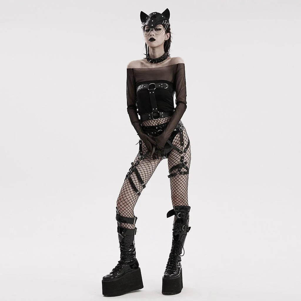 Front view of model wearing Seductress harness – Gothic women's garter belt thigh harness with a striking multi-strap design in black faux leather, adjustable around the waist and thighs for a customized fit.