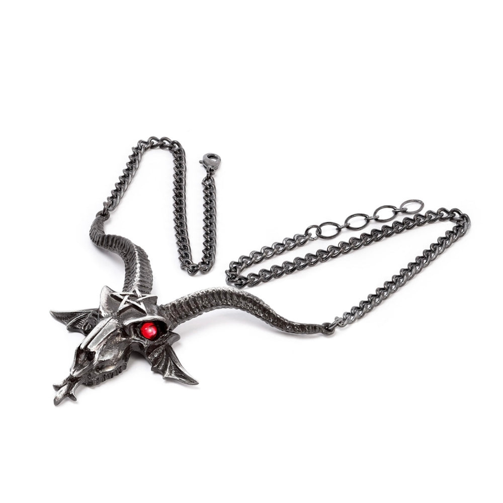 The Baphometica-Necklace features a large Baphomet skull adorned with red crystal eyes. This powerful pendant symbolizes balance, mysticism, and the pursuit of esoteric wisdom.