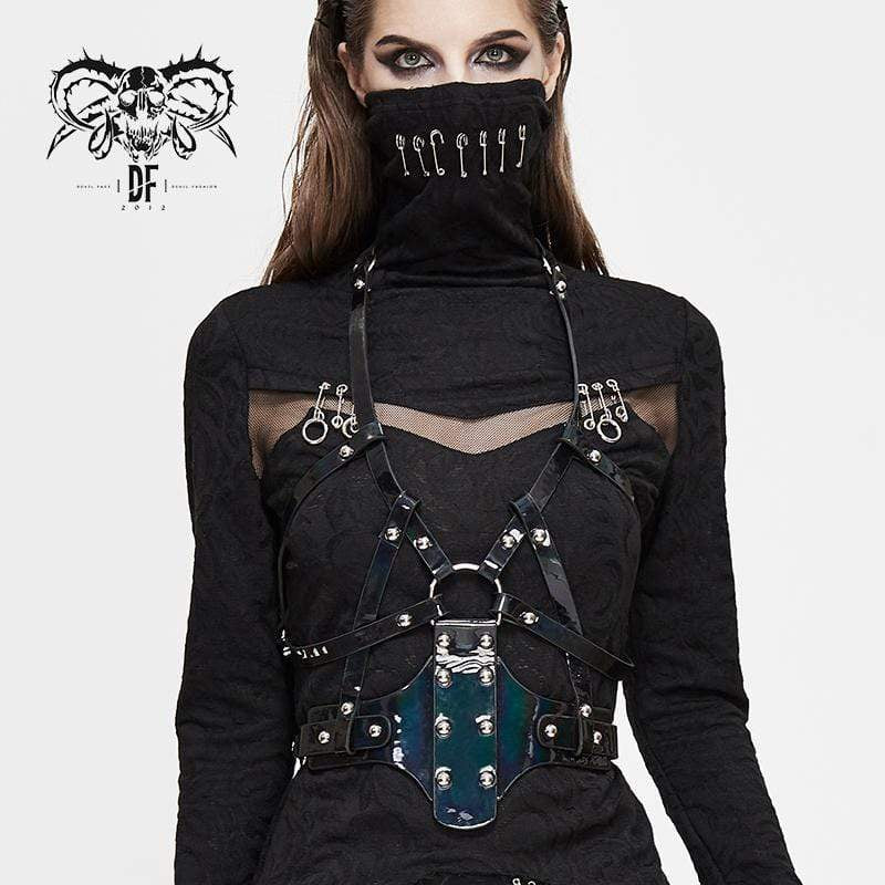 Front view of the Twisted Death Gothic Women's Body Harness, featuring black faux leather, all-over rivet detailing, and a large O-ring connector for a bold alternative fashion look.