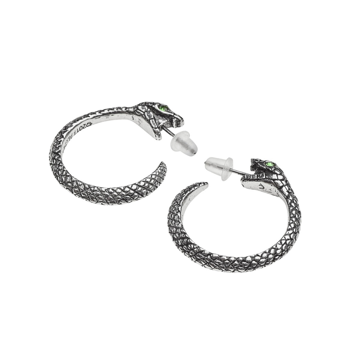 Close-up of The Wicked Serpent-Earrings featuring intricate pewter serpents with green crystals, perfect for gothic or alternative fashion.