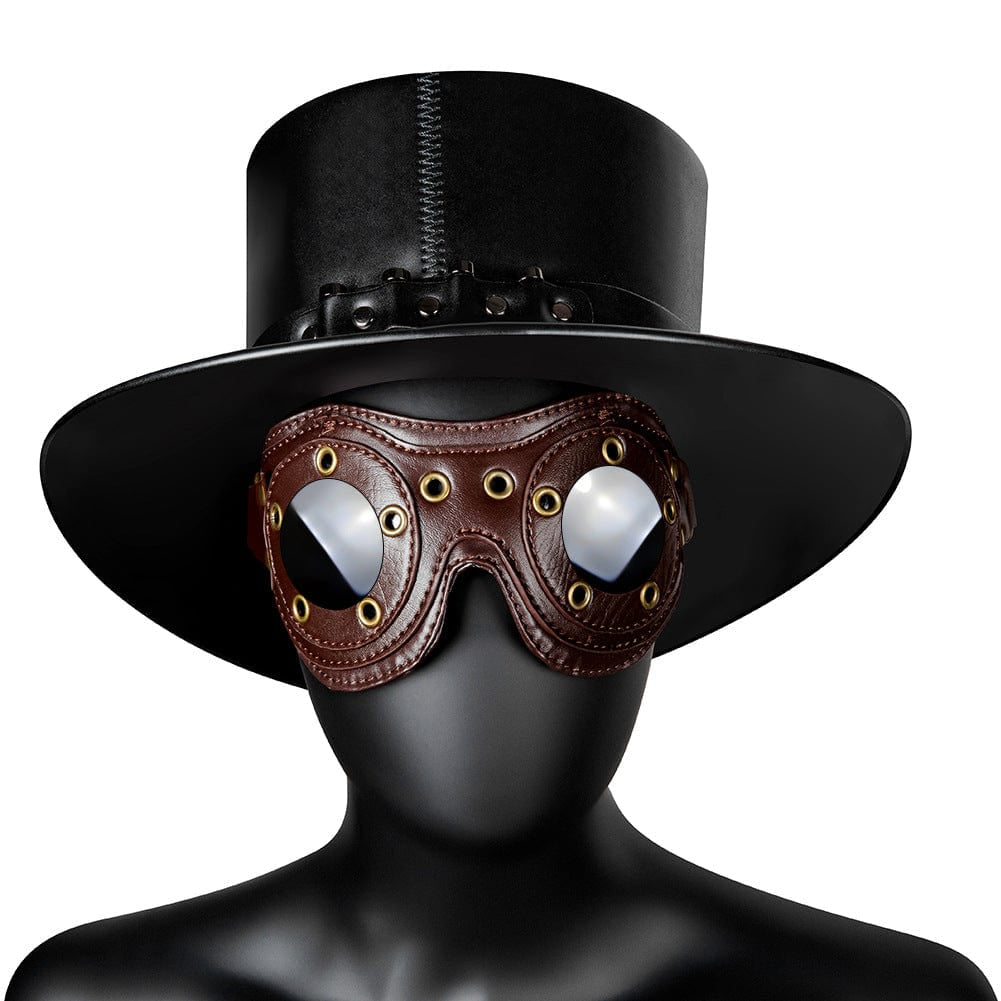 Brown faux leather gothic goggles with bronze eyelets and black opaque eye protector, featuring an adjustable back closure for a snug fit.