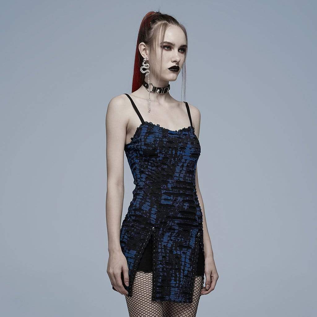 Side angle of Blue Viper Mini Dress showing adjustable spaghetti straps and soft black dress lining.  