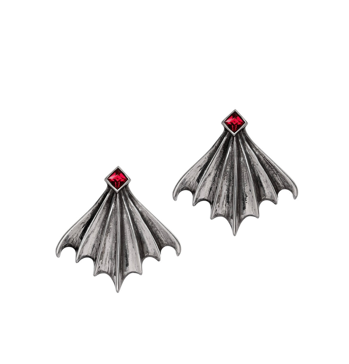 Intricate bat wing earrings made from fine pewter, adorned with Siam red Austrian crystals for a gothic, mystical look.
