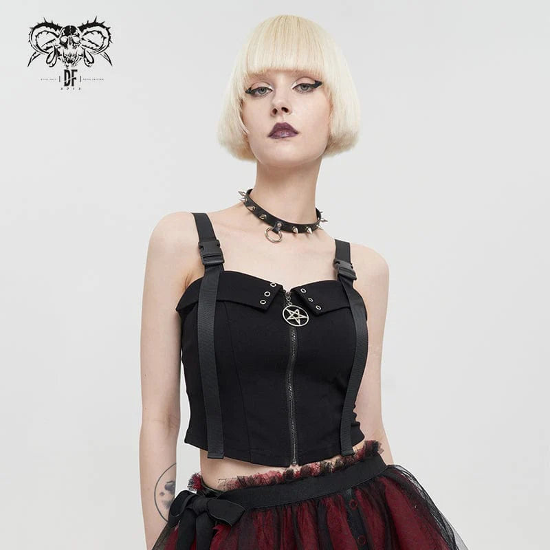 Front view of the Antichrist Gothic Bustier Top featuring a large pentagram zipper, adjustable straps, and eyelet detailing.