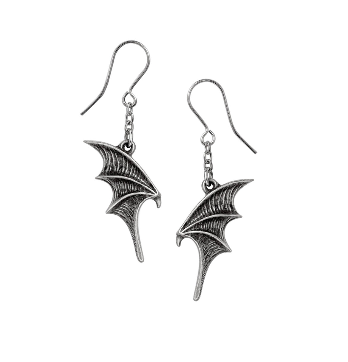 Gothic A Night With Goethe earrings with fine English antiqued pewter, featuring a romantic dark design with a lost lover theme, suspended on surgical steel ear wires.