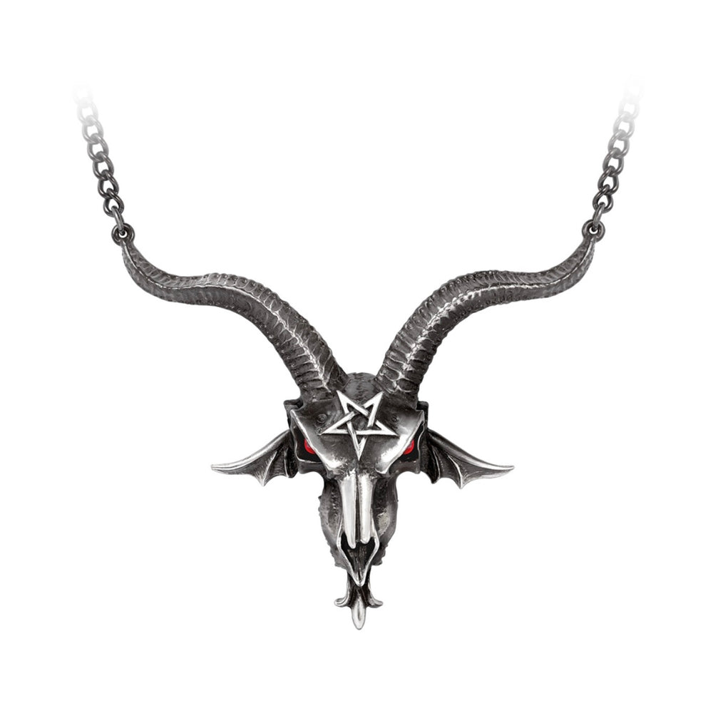 A bold Baphomet skull pendant with red crystal eyes, symbolizing the ancient, hermaphroditic deity of subversive wisdom. A striking statement piece that adds dark drama to any outfit.