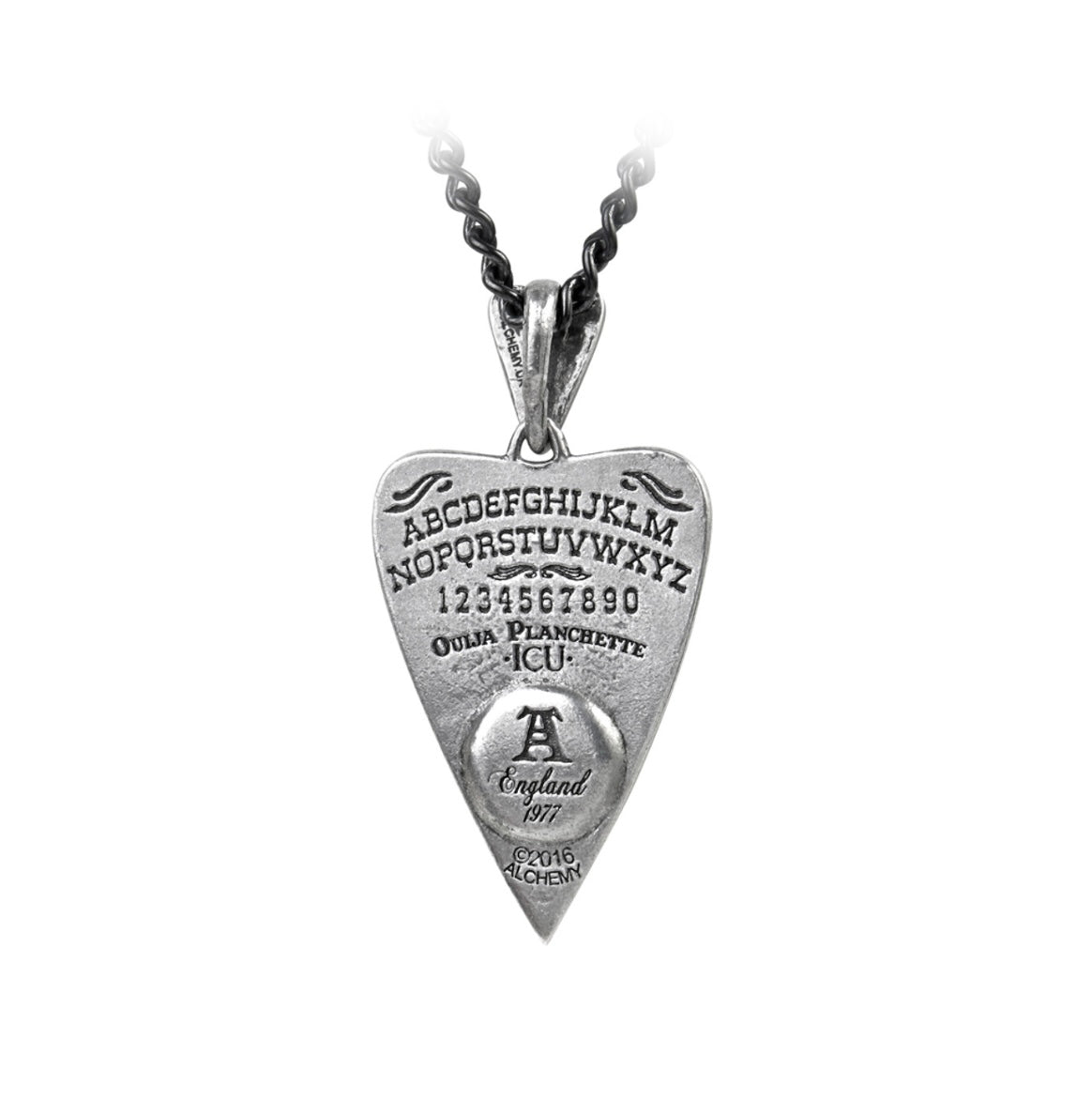 A vintage-style Planchette pendant, made from fine English pewter, featuring a lifelike taxidermy eye. This dark, mystical accessory evokes the spiritualist tools of the 19th century used in séances to connect with the dead. The pendant measures 64mm in height, 32mm in width, and 10mm in depth and comes with a 21-inch black chain.