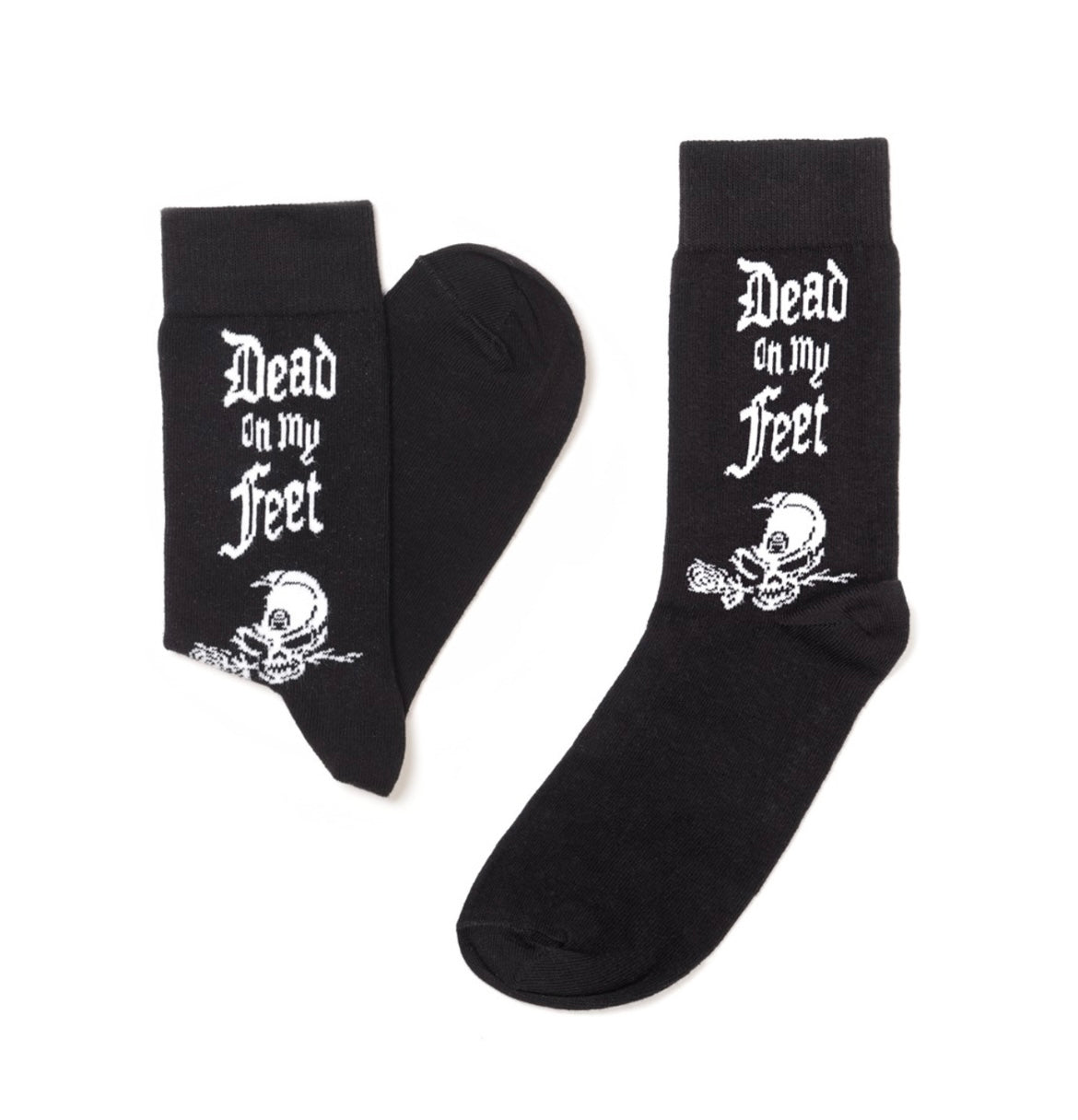 Pair of black slogan socks reading 'Dead On My Feet,' designed for comfort with a sarcastic, edgy style.