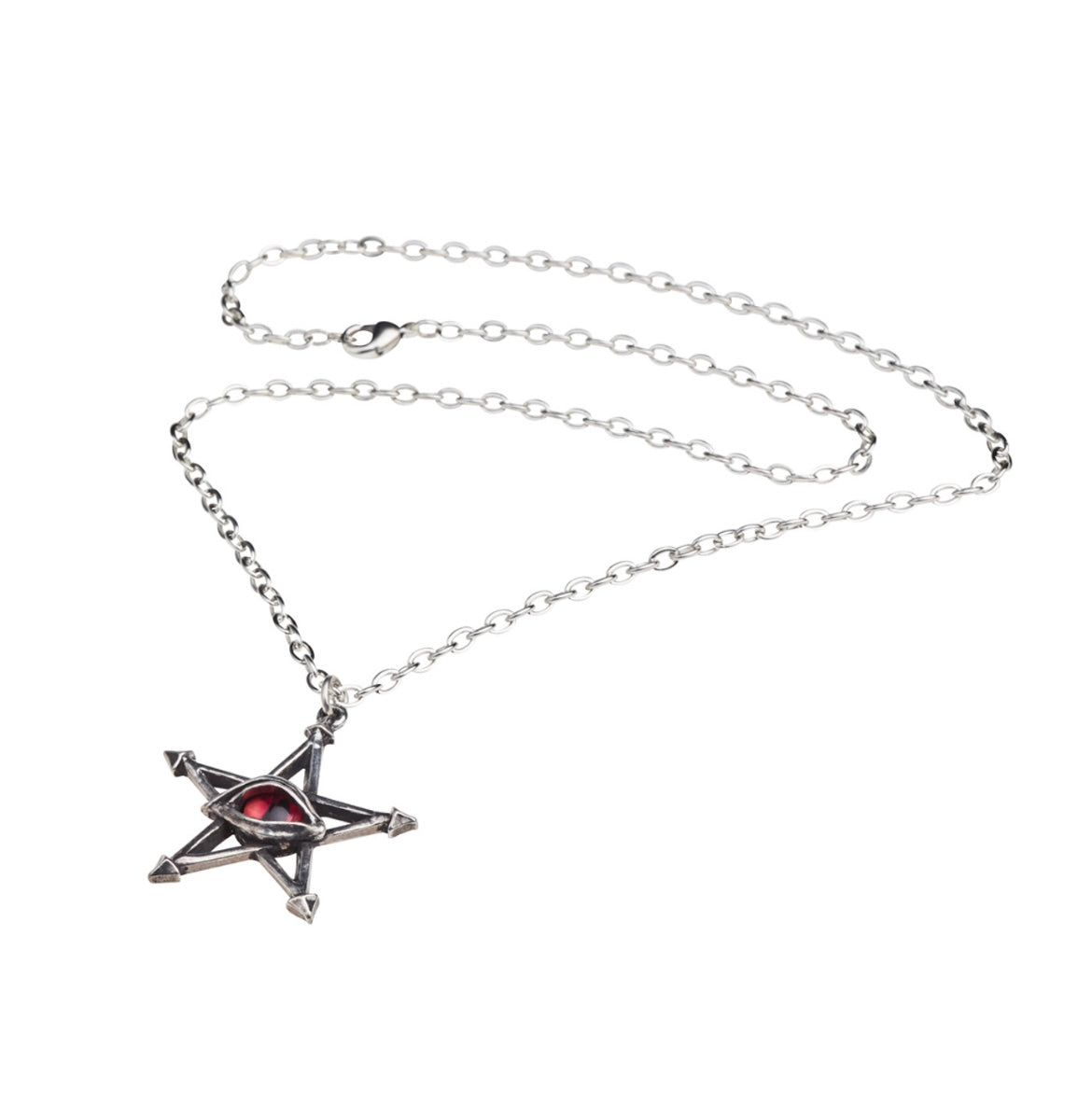 The Red Curse-Pendant featuring a red, synthetic snake eye set into a cast pewter human eye, mounted on an arrow-headed pentagram, suspended from a 21" chain